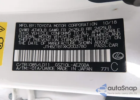 2019 Lexus Es 350 z USA, uszkodzony, nr VIN JTHBZ1B1XK2003780